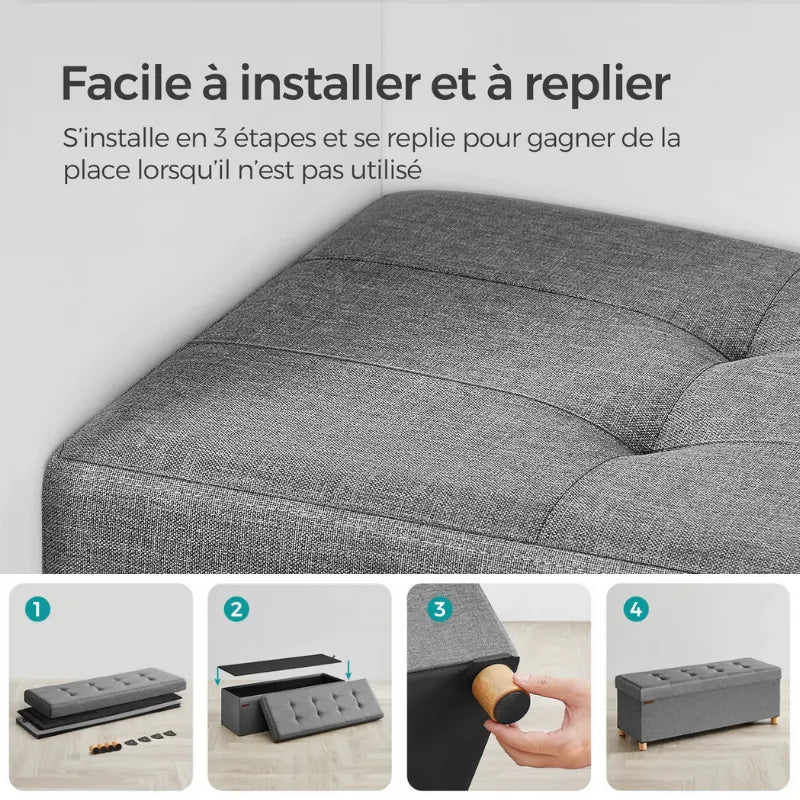 Banc de rangement pliant gris de la marque Maison Banc avec design moderne et aspect décoratif visible en image.