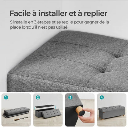 Banc de rangement pliant gris de la marque Maison Banc avec design moderne et aspect décoratif visible en image.