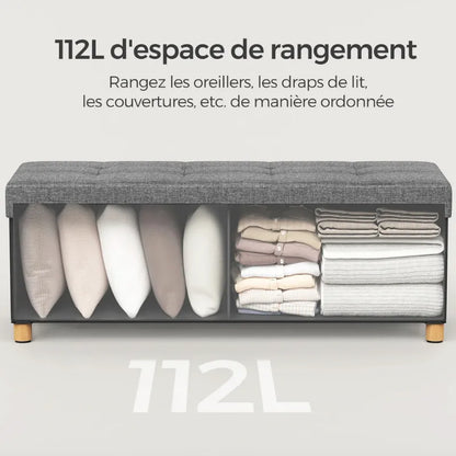 Banc de rangement pliant gris de marque Maison Banc, design moderne et décoratif, idéal pour l'intérieur.