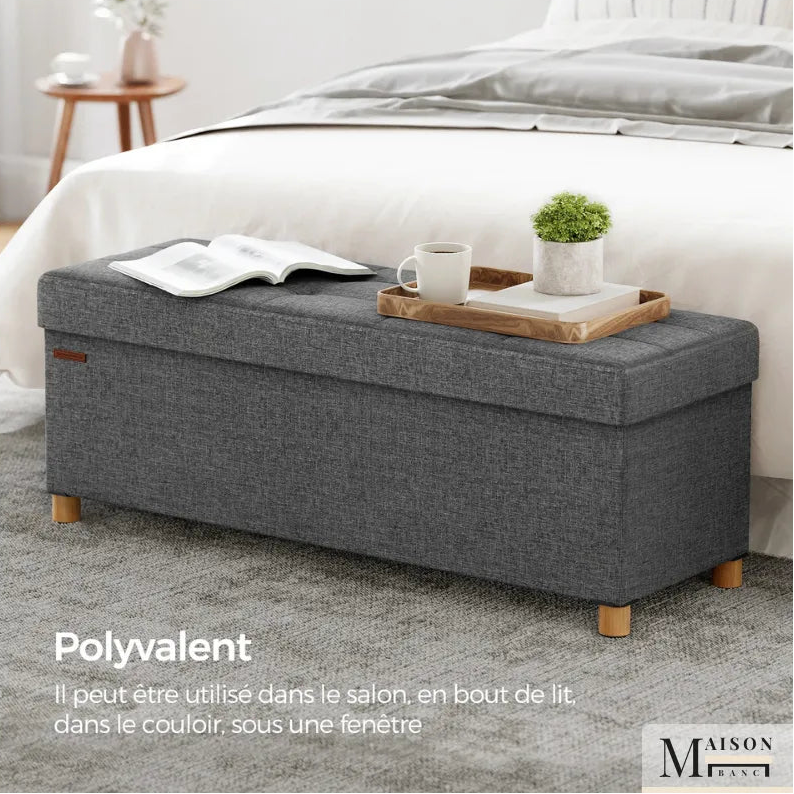 Banc de rangement pliant gris de Maison Banc avec design moderne et décoratif, idéal pour l'intérieur contemporain.