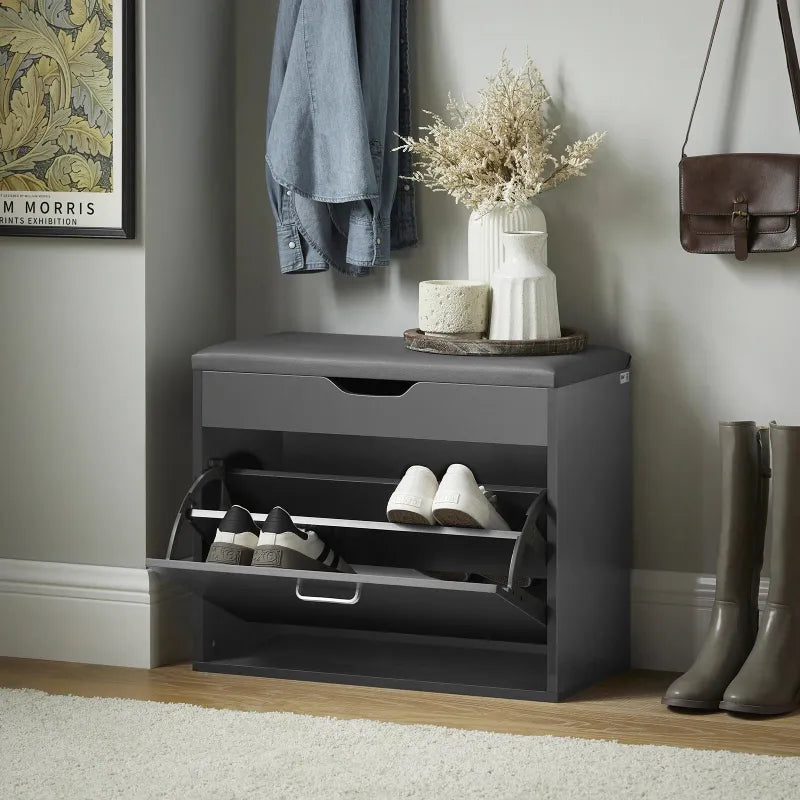 Banc de rangement pour entrée Maison Banc en gris foncé avec assise confortable et design moderne.