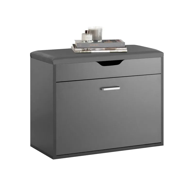 Banc de rangement pour entrée design Maison Banc avec assise confortable en gris foncé, idéal pour l'organisation et le style.