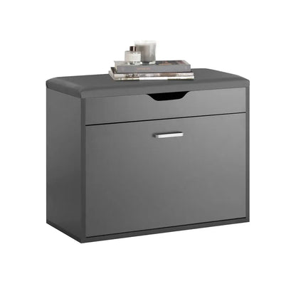 Banc de rangement pour entrée design Maison Banc avec assise confortable en gris foncé, idéal pour l'organisation et le style.
