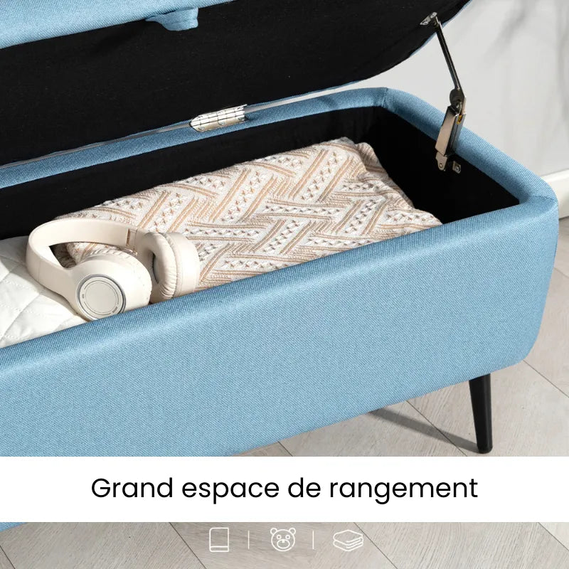 Banc de rangement scandinave bleu avec coffre, design minimaliste, idéal pour le salon ou l'entrée, par Maison Banc.