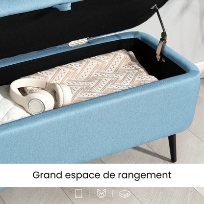 Banc de rangement scandinave bleu avec coffre, design minimaliste, idéal pour le salon ou l'entrée, par Maison Banc.