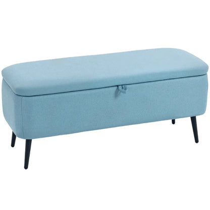 Banc de rangement scandinave bleu avec coffre, design minimaliste, en bois, idéal pour le salon ou l'entrée.
