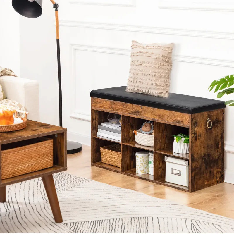 Banc d'entrée en bois Maison Banc au design vintage minimaliste avec assise rembourrée pour chaussures et rangement.