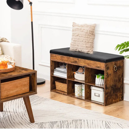 Banc d'entrée en bois Maison Banc au design vintage minimaliste avec assise rembourrée pour chaussures et rangement.