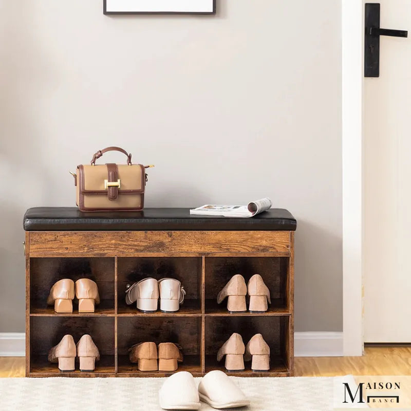 Banc d'entrée en bois Maison Banc avec design vintage minimaliste et assise rembourrée pour chaussures et rangement.