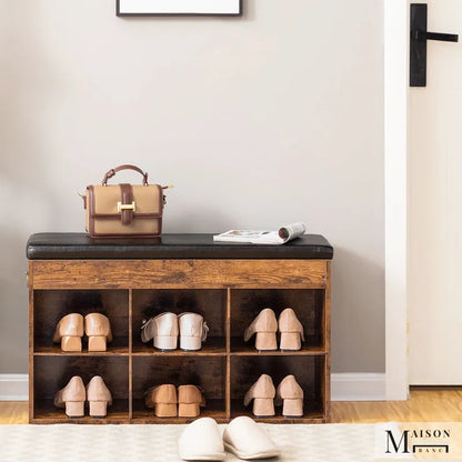 Banc d'entrée en bois Maison Banc avec design vintage minimaliste et assise rembourrée pour chaussures et rangement.