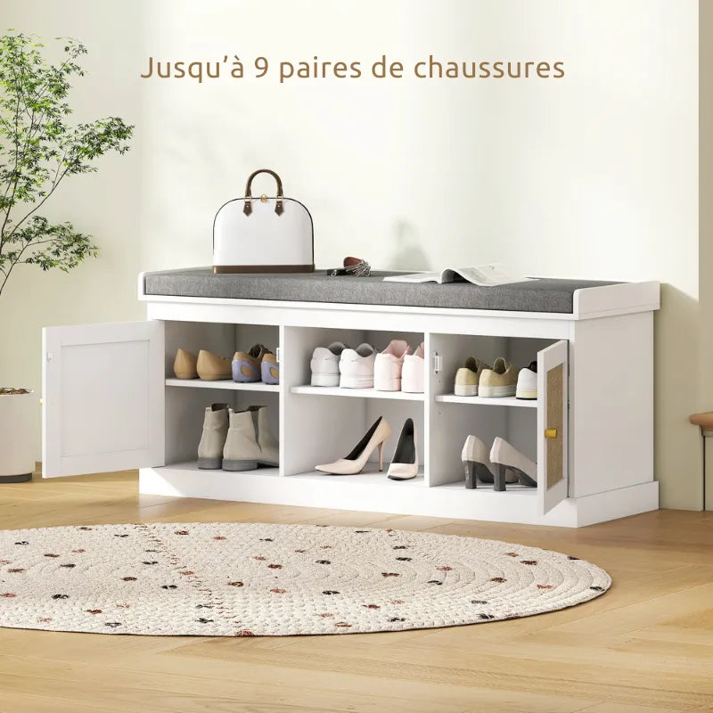 Banc d'entrée moderne Maison Banc Boho Chic avec rangement pour 9 paires et assise confortable en bois et tissu.