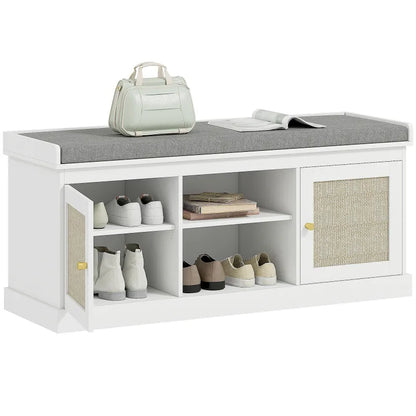 Banquette d'entrée moderne Boho Chic Maison Banc avec rangement pour 9 paires de chaussures et assise confortable en tissu.