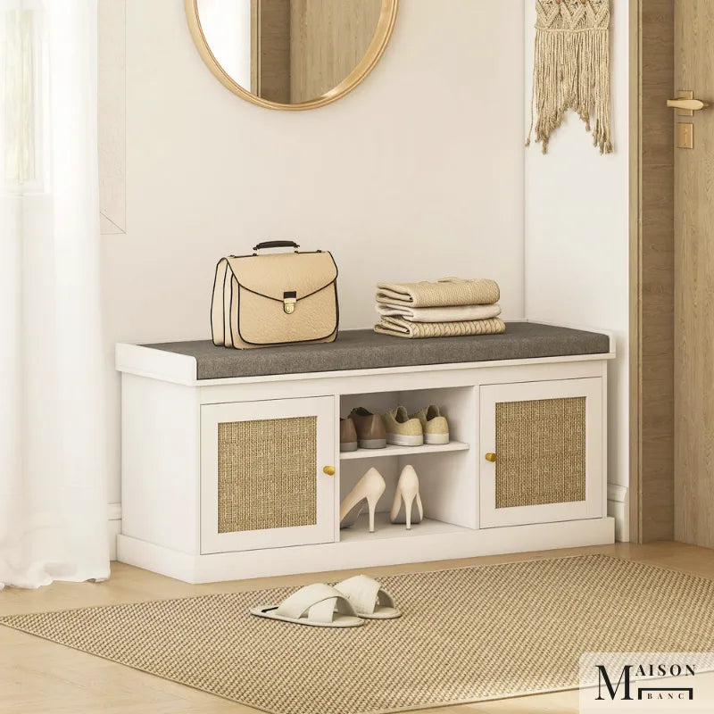 Banc d'entrée moderne Boho Chic Maison Banc avec rangement pour 9 paires de chaussures et assise confortable en tissu.