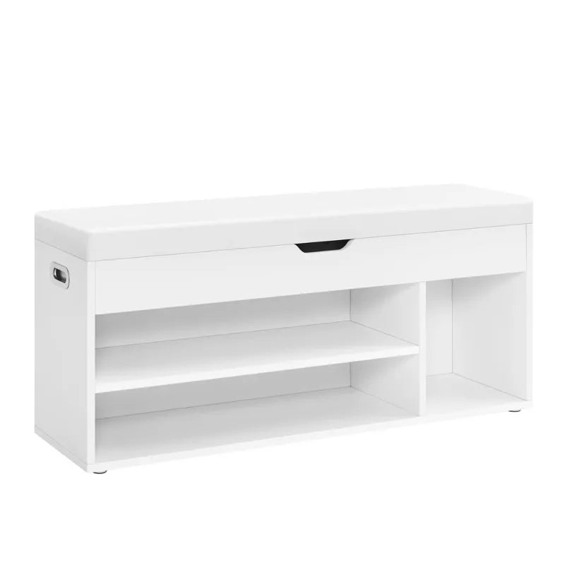 Banquette d'entrée en bois blanc avec coffre de rangement, assise confortable et design moderne de la marque Maison Banc.