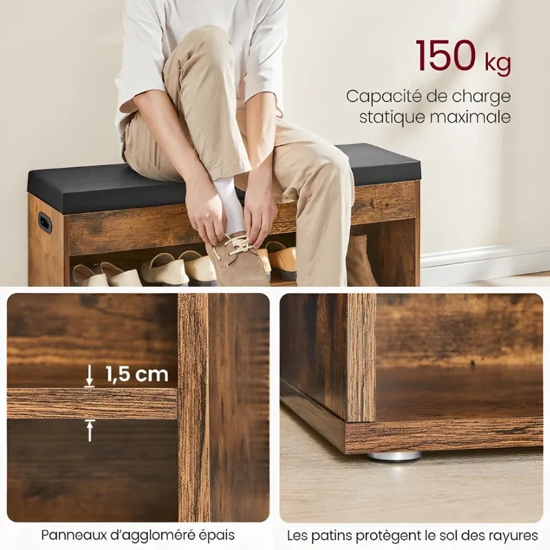 Banquette d'entrée en bois Maison Banc avec coffre, assise confortable, design moderne et finition rustique marron.