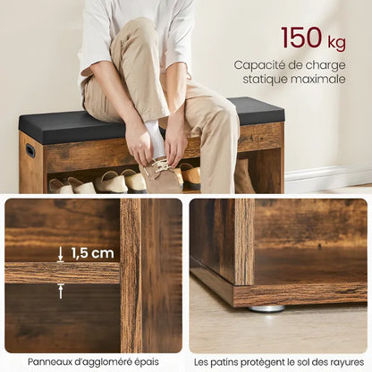Banquette d'entrée en bois Maison Banc avec coffre, assise confortable, design moderne et finition rustique marron.