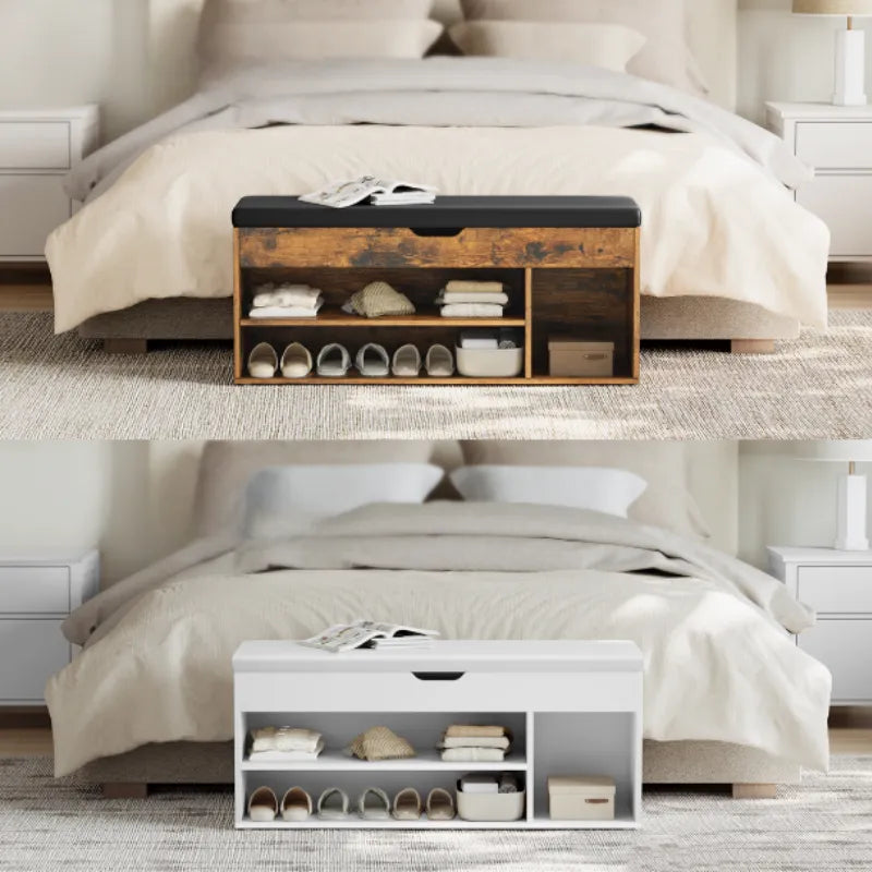Banquette d’entrée en bois avec coffre, assise confortable et design moderne, finition rustique marron de la marque Maison Banc