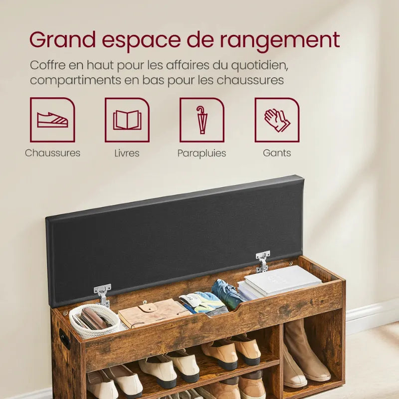 Banc d'entrée en bois Marron rustique de Maison Banc, avec coffre intégré et assise confortable, design moderne.
