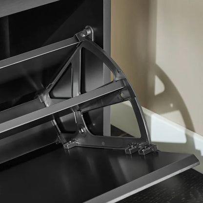 Banc d’entrée design nordique noir avec rangement à chaussures, style minimaliste et pratique, par Maison Banc.