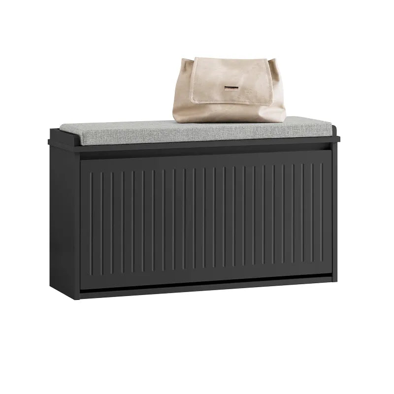 Banc d’entrée design nordique noir avec rangement à chaussures, style minimaliste et pratique, par Maison Banc.