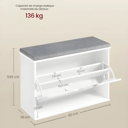 Banc d'entrée design scandinave Maison Banc avec assise rembourrée et espace de rangement à 3 niveaux, en bois clair.