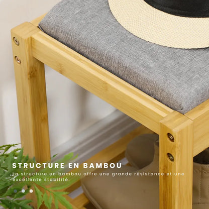 Banc d’entrée en bois de bambou avec rangement à chaussures, design scandinave, Maison Banc, surface lisse et épurée
