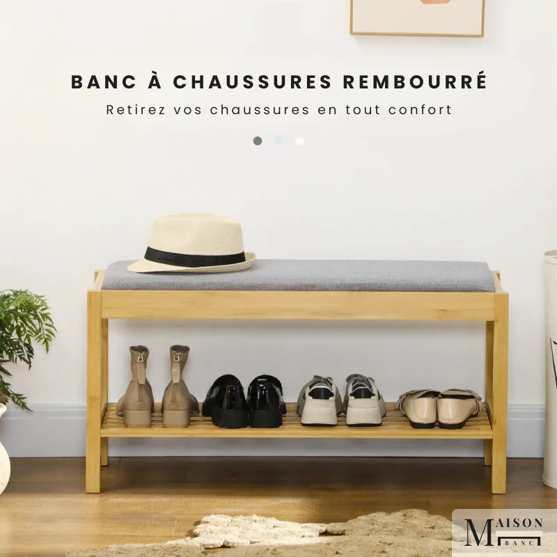 Banquette d'entrée en bois de bambou avec rangement à chaussures, design scandinave, par Maison Banc, mobilier fonctionnel et élégant