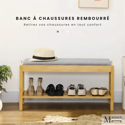 Banquette d'entrée en bois de bambou avec rangement à chaussures, design scandinave, par Maison Banc, mobilier fonctionnel et élégant