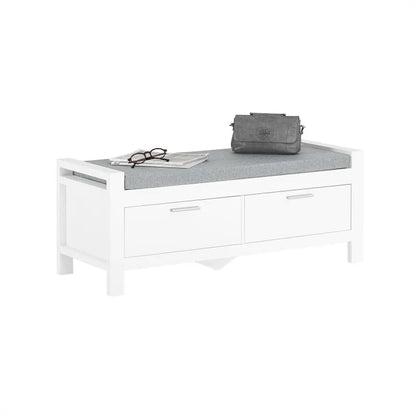Ban d'entrée minimaliste blanc de Maison Banc avec assise confortable et espace de rangement, design scandinave élégant.