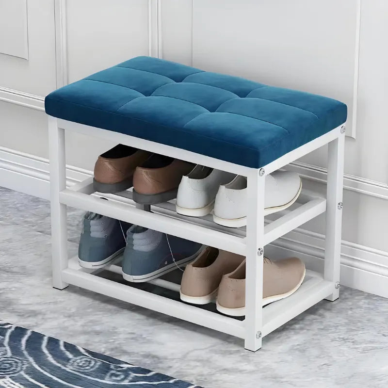 Banc de rangement pour chaussures d'entrée Maison Banc, design décoratif et minimaliste, en bois bleu, moderne et pratique.
