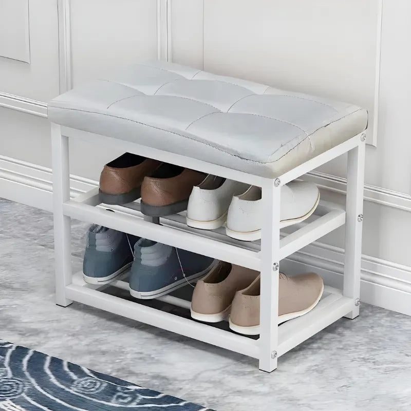 Banc de rangement pour chaussures d'entrée Maison Banc, design décoratif minimaliste gris, idéal pour l'organisation et la décoration.