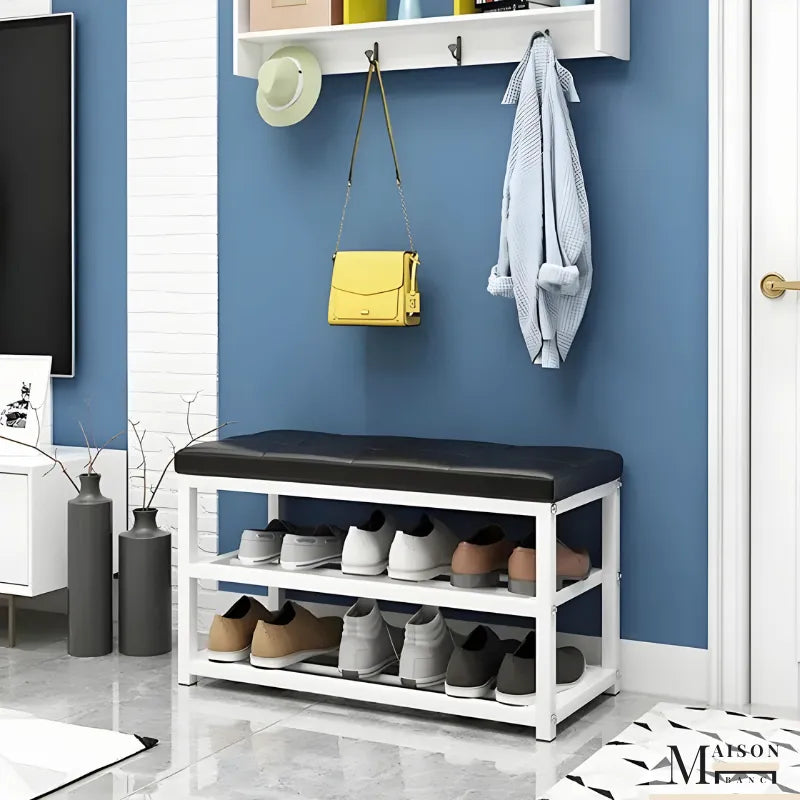 Banc de rangement pour chaussures d'entrée Maison Banc, design minimaliste noir avec finition décorative élégante.